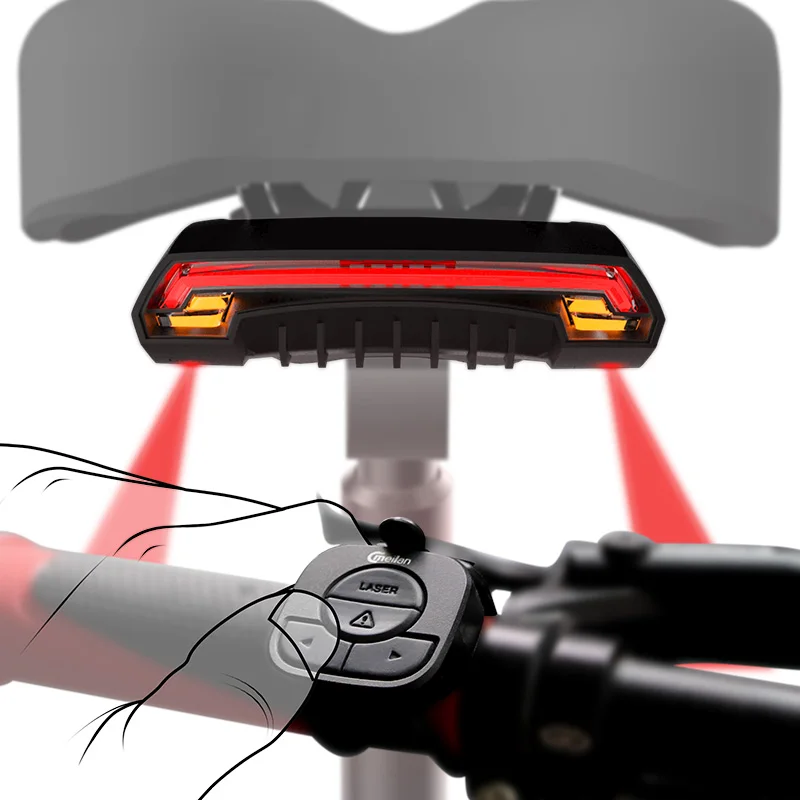 Rechargeable LED Bike Tail Light Bicycle Turn Signal w// Front Bar Remote Control