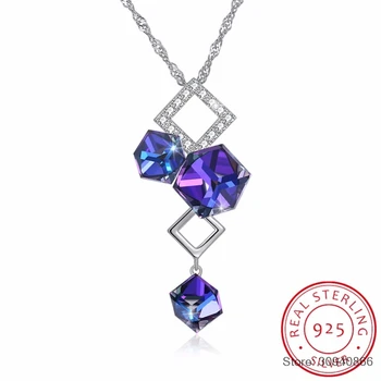 

SMTCAT Crystals From Purple Square Bead Pendant Necklace Chic 925 Sterling Silver Chain Collar For Women Fine Jewelry