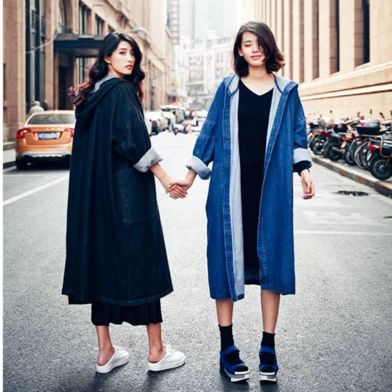 Women Hooded Windbreaker BF Wind Jean Coat Large Size Denim Jacket