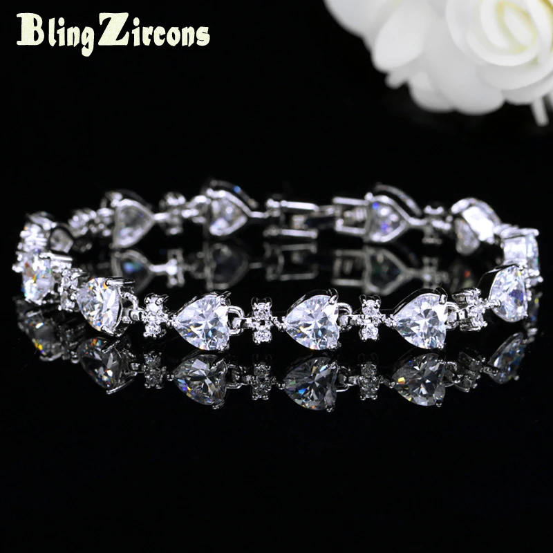 

BeaQueen Brand New 925 Sterling Silver Tennis Bracelets Big Heart Shaped Cubic Zirconia Crystal Women Jewelry for Gift B041
