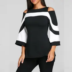 Плюс Размеры XXL Для женщин черный, белый цвет с цветными блоками с расклешенными рукавами рубашка с открытыми плечами Mujer Camisa feminina Blusas дамы