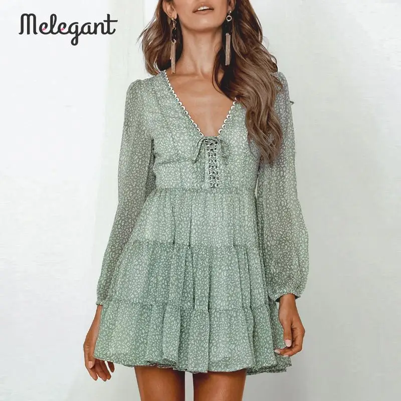 Ceny Melegant z długim rękawem 2019 jesień zima sukienka kobiety krótkie Party Ruffles Femme elegancka zielona damska szyfonowa sukienka Vestidos
