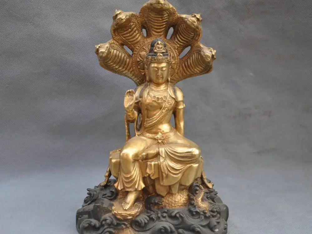 

12''China Tibetan Buddhism Five Snake Guanyin Kwan-yin Bodhisattva Bronze Statue