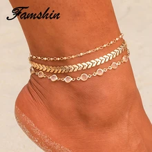 FAMSHIN 3 шт./компл. со стразами и пайетками анклет(браслет на ногу Набор для Для женщин Пляж ног Ювелирные изделия Винтаж заявление Сандалеты с перепонкой на лодыжке в стиле «Бохо Стиль летнее ювелирное изделие