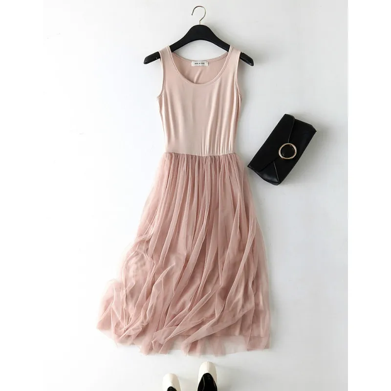 

Summer Korean Splicing Pleated Tulle T shirt Dress Women Big Size Black Gray Color Clothes New Fashion 2018