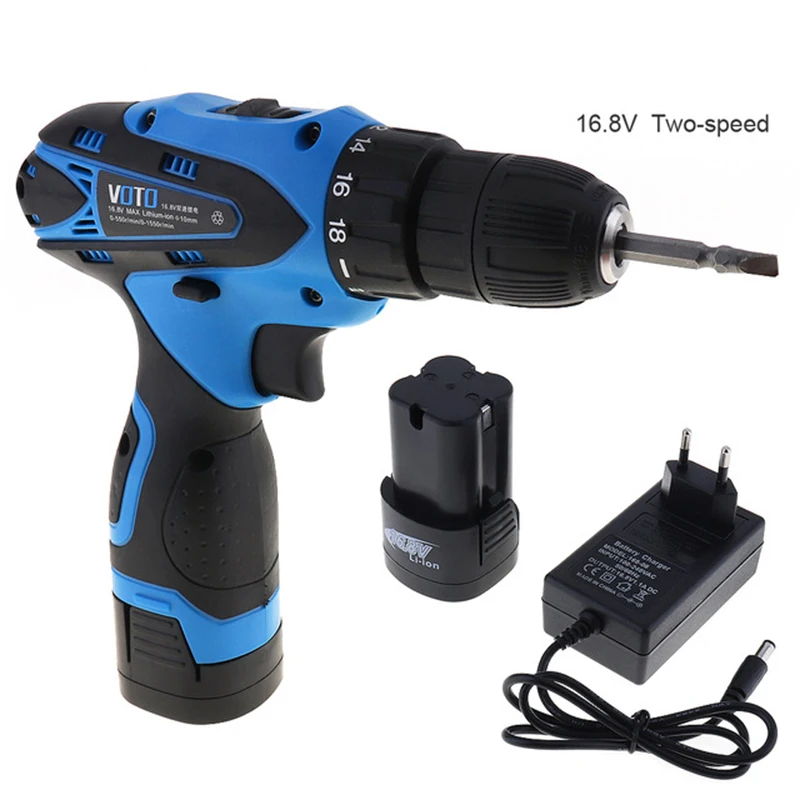 

16.8V Electric Screwdriver with 2 Li-ion Batteries and Two-speed Adjustment Button for Handling Screws / Punching