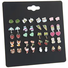 20 пар/лот, детские серьги-гвоздики, набор для девочек, милые серьги-гвоздики с фруктами, животными, сова, гриб, лист, сердце, божья коровка, украшения в форме яблок SY04