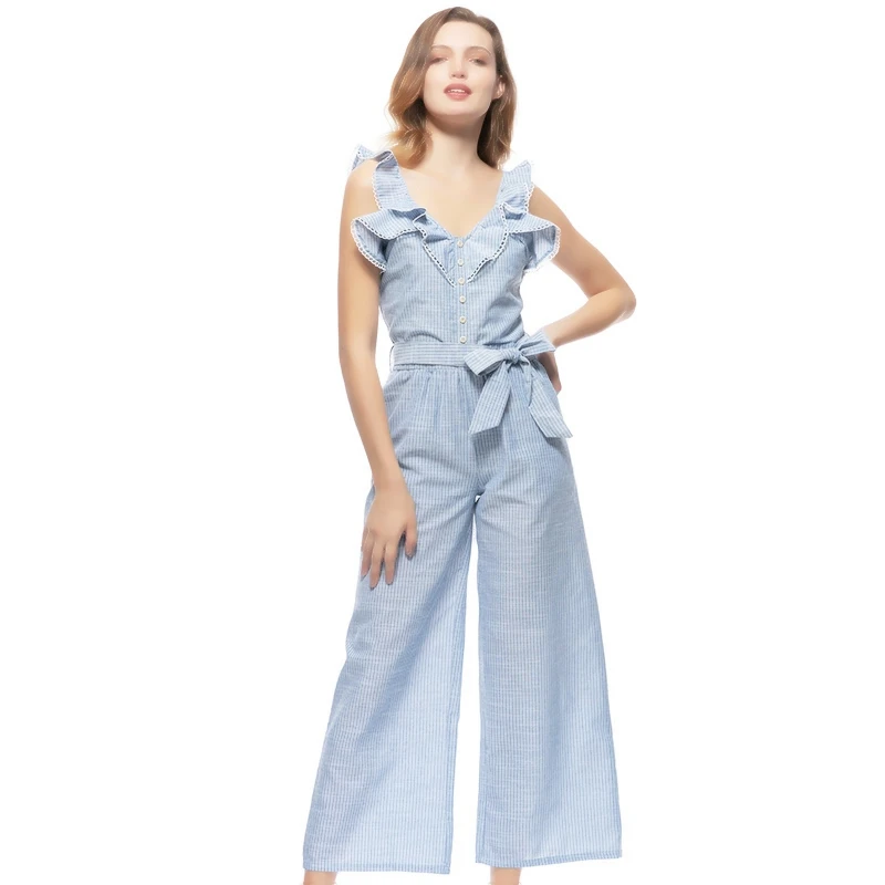 Sexy V-neck Striped Rompers Womens Jumpsuit 2019 Summer Lace Up Cotton Bodysuit Fashion Nova One Piece Ruffle Overalls For Women