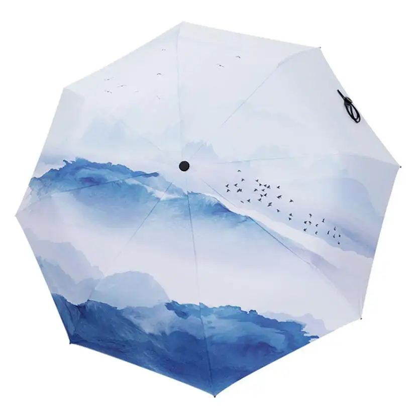 

High Quality Wind Resistant Folding Automatic Umbrella Rain Women Anti uv Parasol Mountain Bird Painting Girl Umbrellas SP085