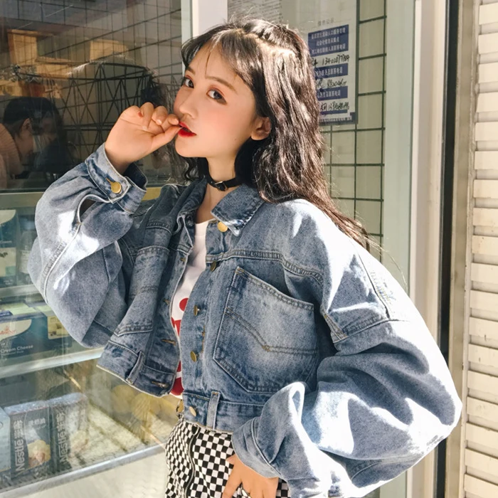 

New arrival Women's Denim Jacket Harajuku style Loose long sleeve Female short denim coat Bat sleeve ladies denim jackets