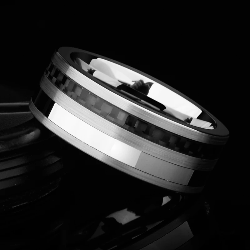 Специальный дизайн полированные мужские вольфрамовые кольца 8 мм ширина Инкрустация черное углеродное волокно и белые CZ камни Размер 7-11