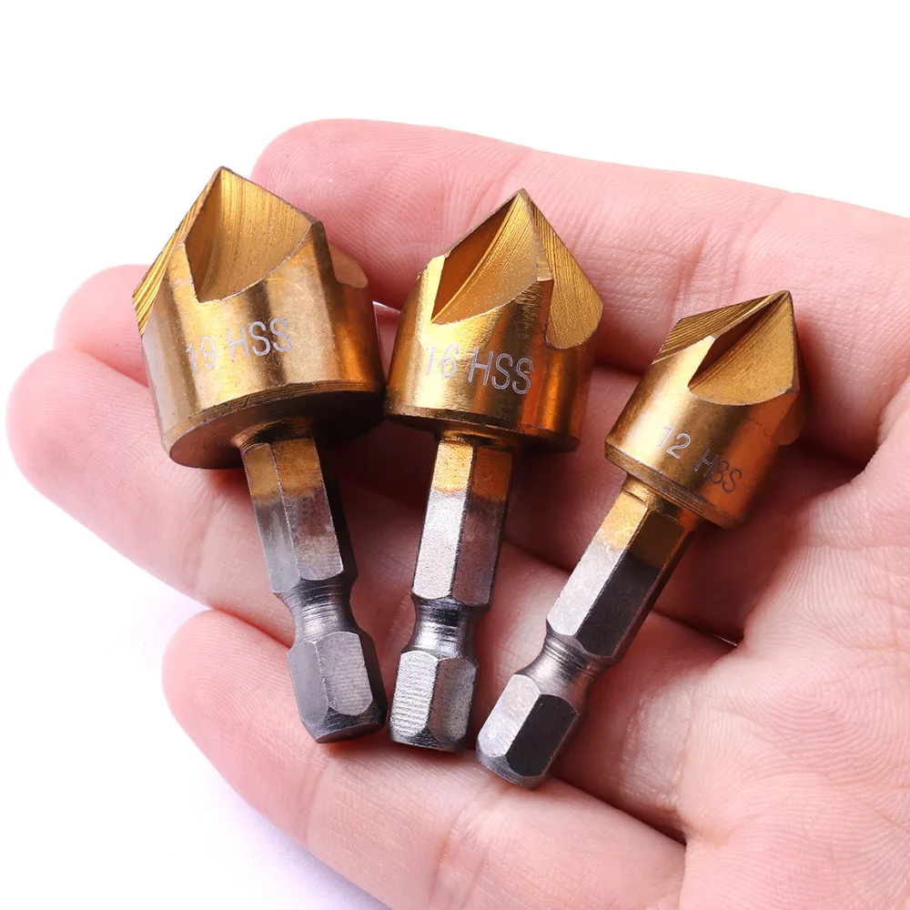 

3Pcs High Quality Ti Coated HCS Hex Shank Chamfer Drill Bit 5 Flute 90 degree Head Diameter 12mm-19mm Chamfer Countersink