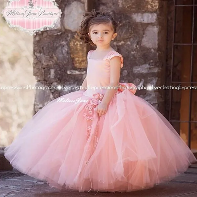 Cheap Little Princess Mesh Ball Gowns Scoop Rosette Ruffle Satin Divine Peach Exquisite Tutu Child Wedding Tulle Flower Girl Dress 12
