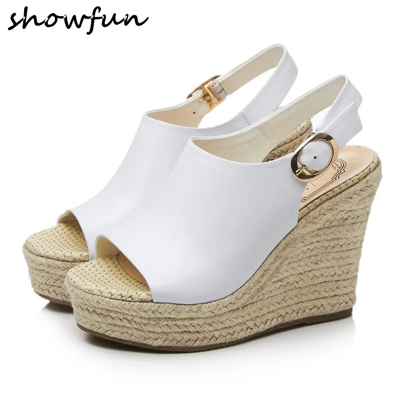 

Women's genuine leather wedge platform open toe bohemia sandalis brand designer slingback summer leisure high heele shoes women