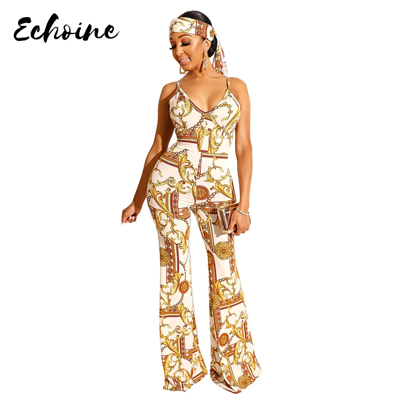 

Echoine Sexy Gold Spaghetti Strap V-Neck Chain Print Wide Leg Vintage Long Jumpsuit Women Summer Night Club Party Rompers S-XL