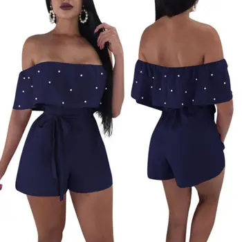 

Summer Sexy Women One Shoulder Top with Pearl Short Bodysuit Beach Party Wear
