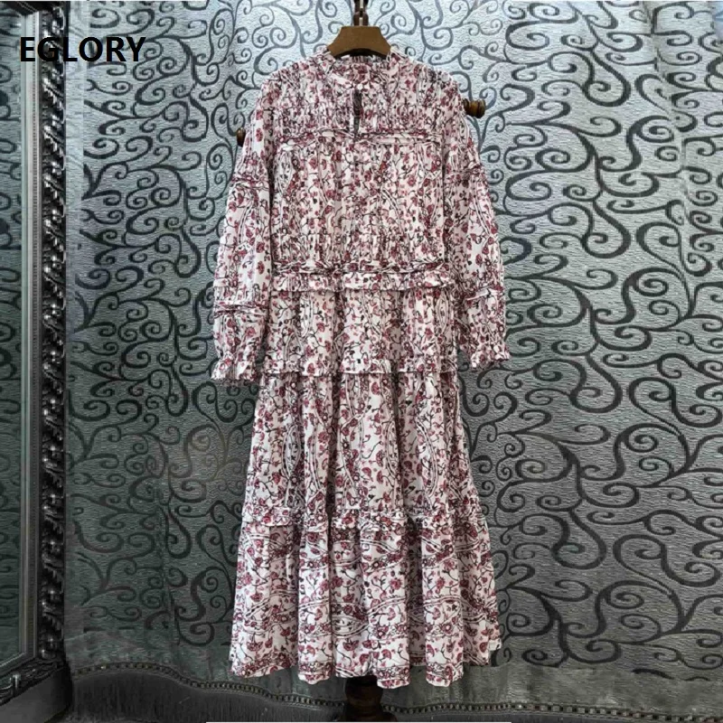 

2019 Autumn Fashion Cotton Dress High Quality Women Elegant Flower Print Long Sleeve Mid-Calf Length Vintage Party Tunic Dress