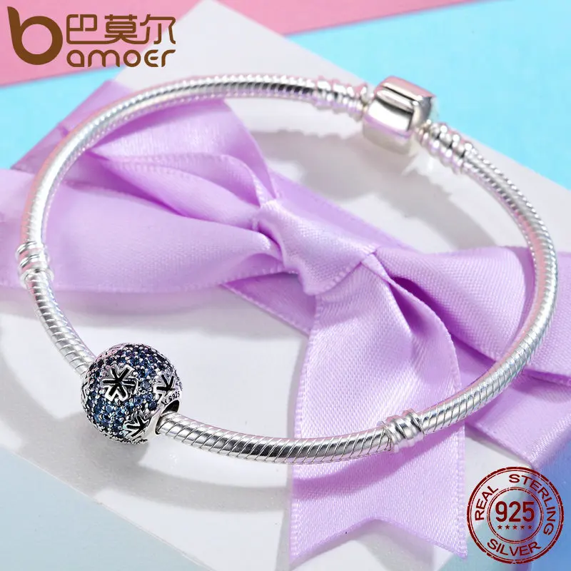 Günstige BAMOER Echtem 100% 925 Sterling Silber Weihnachten Schneeflocke Blau CZ Perlen fit Original Charme Armband DIY Feine schmuck SCC402
