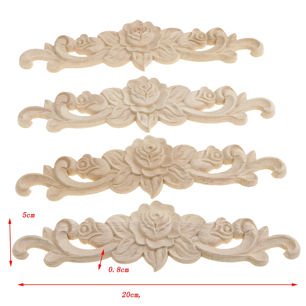 4pcs Retro Unpainted Floral Wood Carved Decal Corner Applique Frame For Home Furniture Wall Cabinet Door Decor
