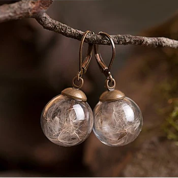 

2 pairs 16MM Glass Ball Dandelion seed Earring dandelion jewelry Real Dried Flowers Dangle Earrings For Women