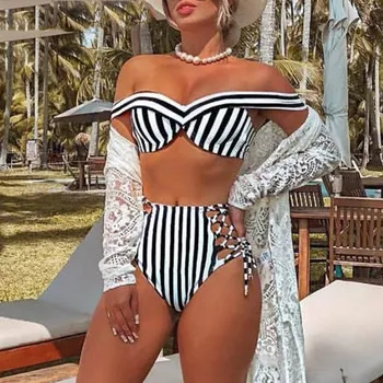 

2019 Women New Summer Off Shoulder Beach Set V-Neck Lace Up Striped Casual Suit Sexy High Waist Two Pieces Set