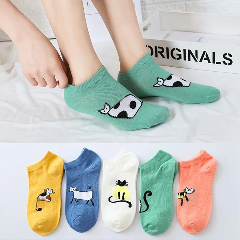 5 пар/лот женские хлопковые носки с рисунком кота короткие носки женские летние невидимые короткие дышащие носки повседневные забавные носки чулочно-носочные изделия