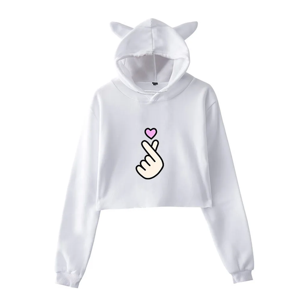 

Crop Top Hoodie Womens Long Sleeve Streetwear Cat Ears Hoodie Printed Causal Harajuku Sweatshirt Sudadera Mujer Bangtan