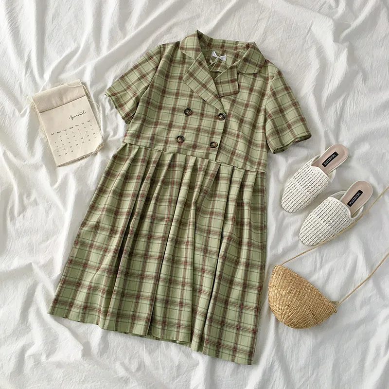 

Elegant Fashion Plaid Dress Women Summer Wear Casual High Wiaist Suit Dresses Office Lady Short Sleeve Midi Vestidos