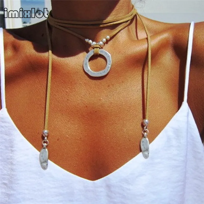 

Collares Collier Imixlot Vintage Collar Necklaces For Women Statement Jewelry Big Round Metal Genuine Leather Necklace