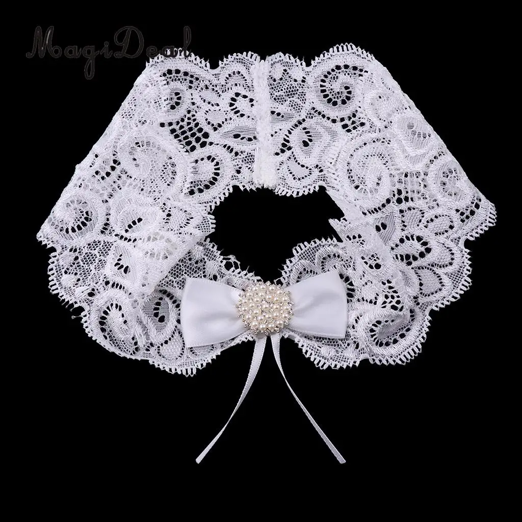 MagiDeal Romantic Wedding Bridal Lace Garter Pearls Rhinestone Bow Garter White