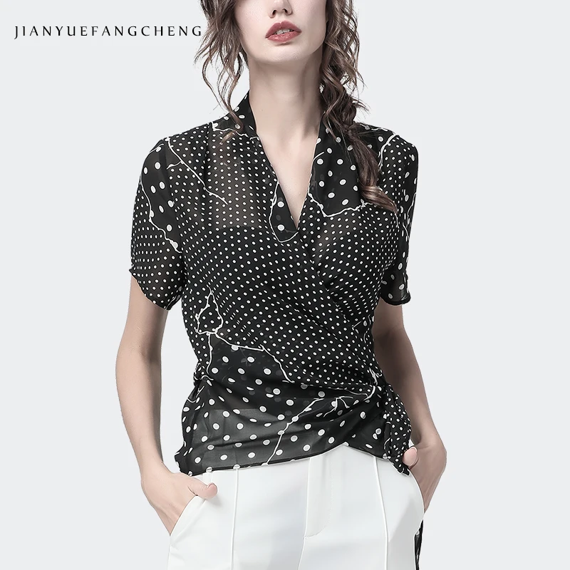 

Fashion Polka Dots Womens Blouse New 2019 Summer Crossed Lace Up Cardigan Wrap Tops Sexy Slim Female Streetwear Chiffon Blouses