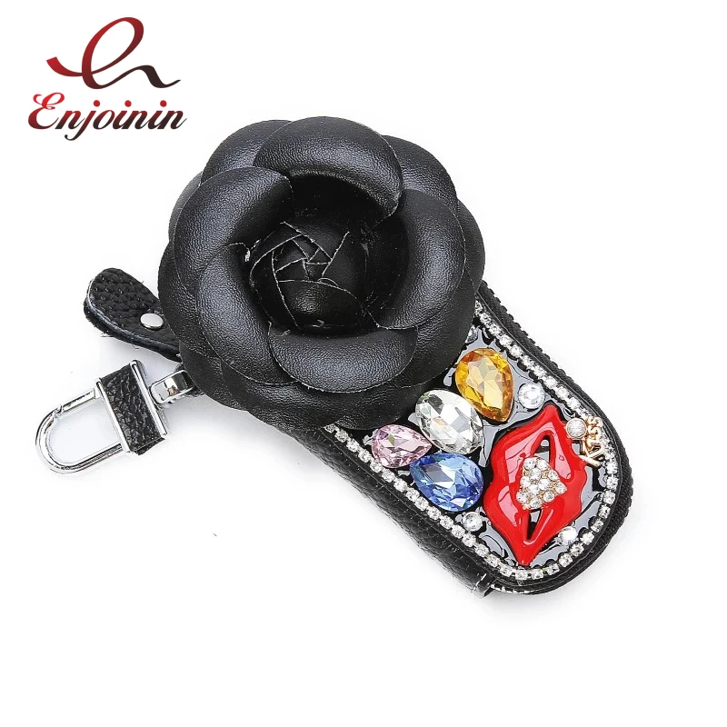 

Luxury high quality diamond flowers sexy lips Genuine leather Car key wallet lady fashion purse Housekeeper Holders Coin purse