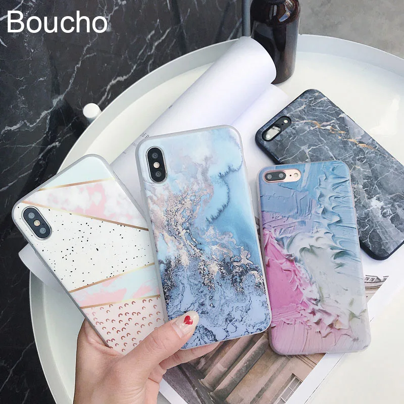 

Boucho Lovely Marble Phone Case For iphone 8 Cases For iphone 7 Plus X Cover Art Mountain Painted Soft IMD Covers Bags Capa