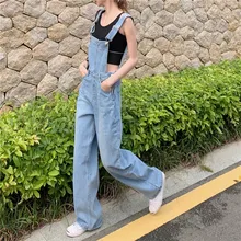 Комбинезоны с завышенной талией джинсы женские винтажные новые свободные корейский стиль Женская одежда модные брендовые повседневные длинные джинсы хит