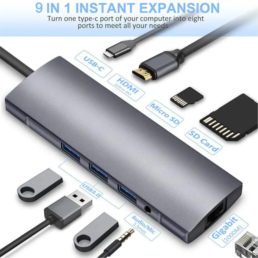 9 в 1 usb type C док-станция USB C до 4K HDMI/USB3.0/гигабитная сеть/PD зарядка/SD/TF кардридер/3,5 мм AUX для ноутбуков