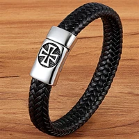XQNI Black Color Cross Pattern Alloy Buckle Genuine Leather Bracelet For Men Stainless Steel Fine Jewelry Sculpture Bracelet