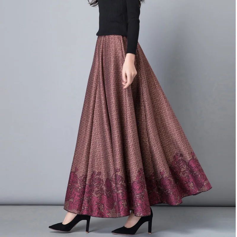 

2018 Autumn Winter Retro Vintage Casual Plus Size 6XL XXXXXL Print Floral Pattern Woolen Cashmere Female Maxi Long Skirts Womens