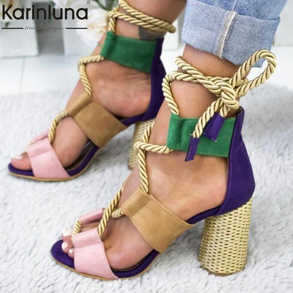 

INS Hot Ankle-wrap Colorful Chunky Heels Summer Party Shoes Woman Sandals Leisure Big Size 35-43 Gladiator High Heeled Sandals