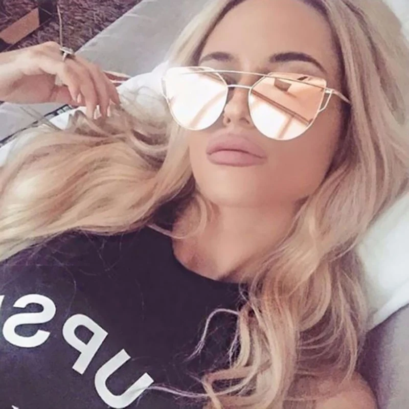 

2018 NEW ashion Vintage Ladies Cat Eye Sunglasses Women Men Brand Designer Rose Gold Twin-Beam Mirror Sun Glasses For Female