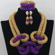 Великолепная свадьба в Африканском нигерийском стиле комплект ювелирных изделий Золотой Фиолетовый индийский вечерние свадебные ожерелье бижутерия с бусинками Набор AMJ719