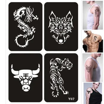 

4 Designs/set Airbrush Glitter Tattoo Stencil Dragon Tiger Wolf Cow DIY Drawing Template Henna Tattoo Stencil Tattoo Pochoir