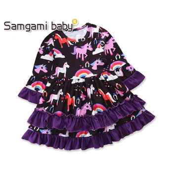 

SAMGAMI BABY Christmas Dress Toddler Girl Clothing A-line Dresses Girls Cartoon Unicorn Purple Printing Kids Clothes Party Dress