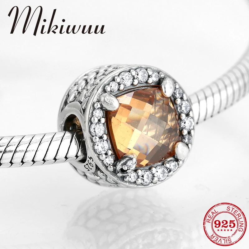 

925 Sterling Silver charms Noble yellow crystal zircon fine Bead Jewelry making Fit Original Pandora Charm Bracelet