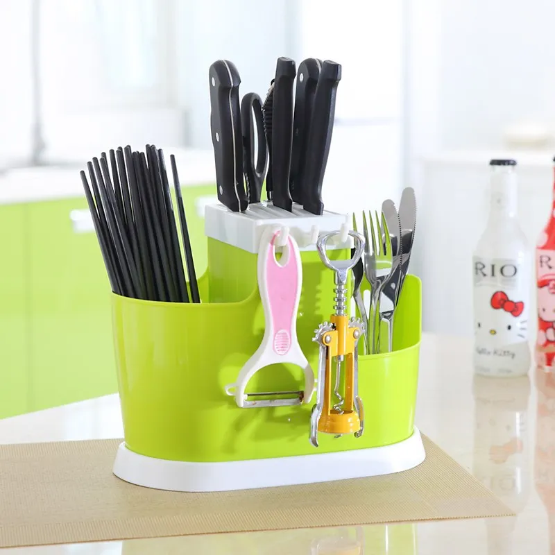 Пластиковый кухонный стеллаж для хранения, органайзер, кухонный нож, вилка, полка, ложка, держатель, инструмент, слив, палочки для еды, посуда, посуда - Цвет: Зеленый