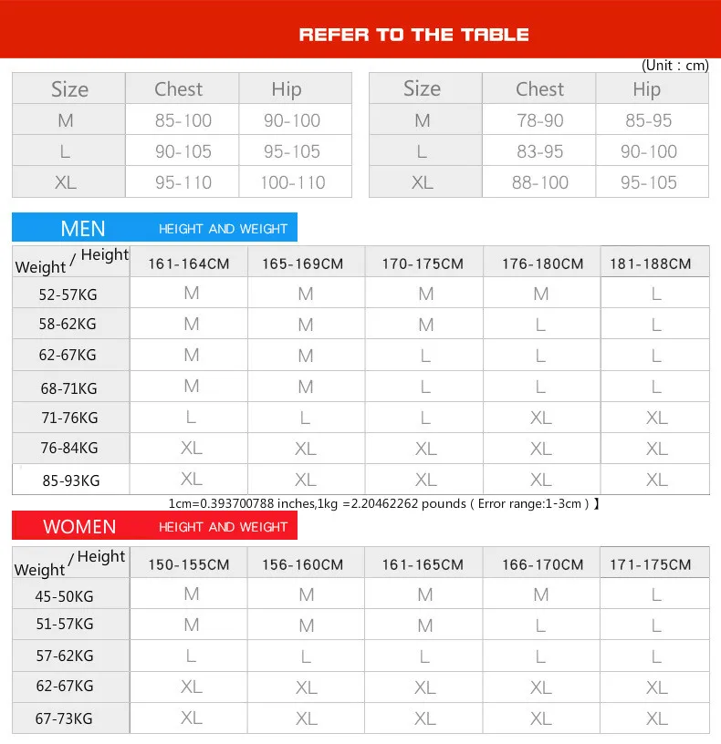 Seamless thermal underwear size table