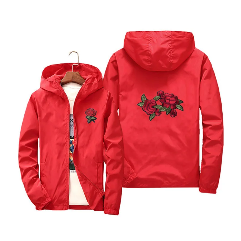 Women's Hooded Jackets Summer Women Basic Jackets Coats Embroidery Rose Causal Men windbreaker Lightweight Bomber Famale