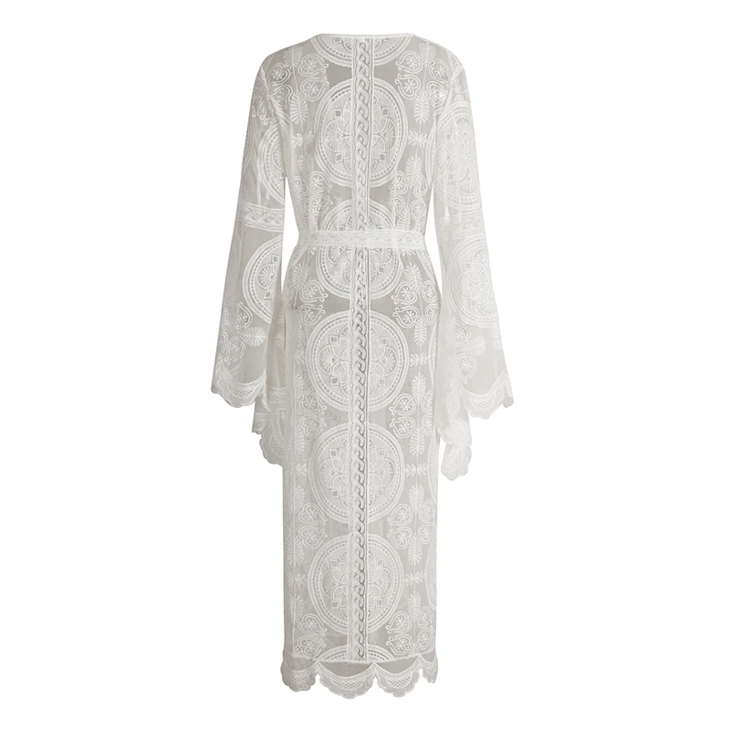 Bohemia Flare Sleeve Sexy White Lace Long Kimono Cardigan Shirt Tops Beach Clothes Boho Shirts Womens Blouses Autumn Outwear