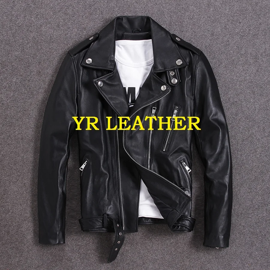 

YR!Free shipping.100% sheepskin.Brand classic short motor biker leather jacket,mens slim genuine leather coat,plus size quality