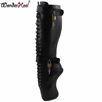 

Wonderheel padlocks ballet shoes ultra high heel 18cm wedges BALLET Knee high Boots sexy fetish matt pu ballet show lacing boots