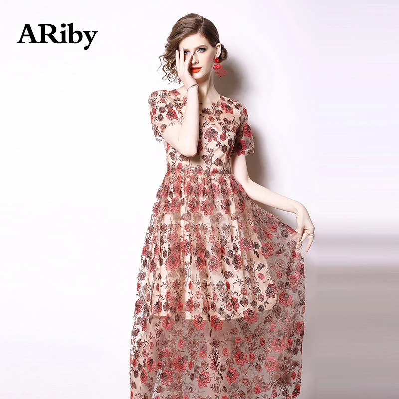 Women Party Dress 2019 New Early Summer Fashion Office Lady Print Dress O-Neck Lace Hollow Out High-end Embroidered A-Line Dress
